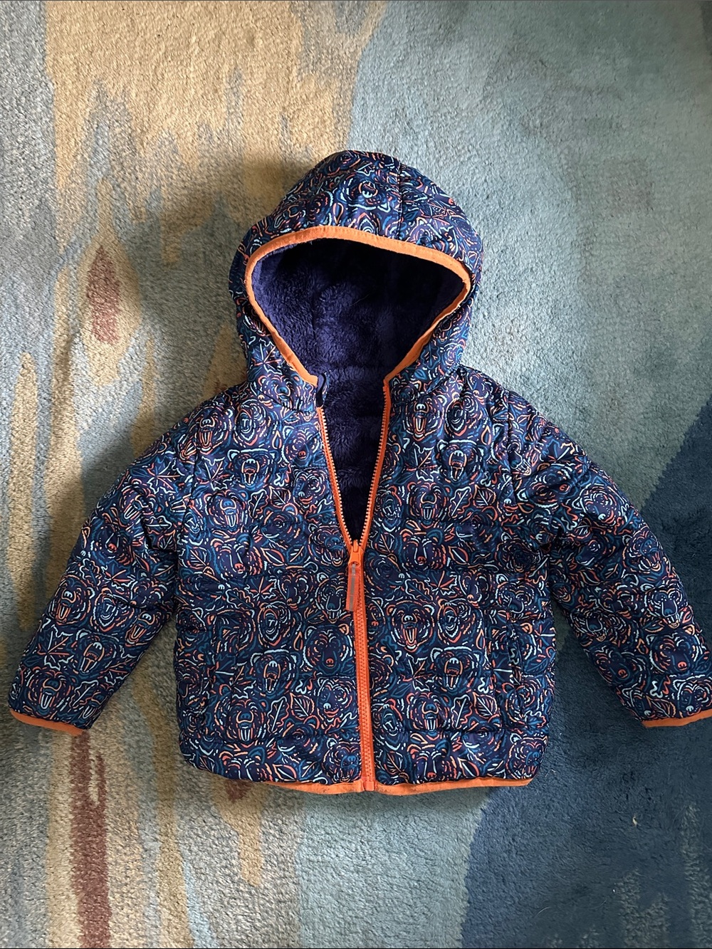 Cat & Jack Navy Bear Patterned Hooded Puffer Jacket with Orange Trim